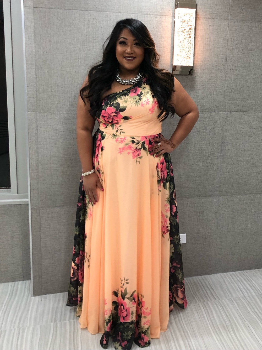 Grace Karin Size 14-16 Peach Floral One-Shoulder Evening Gown